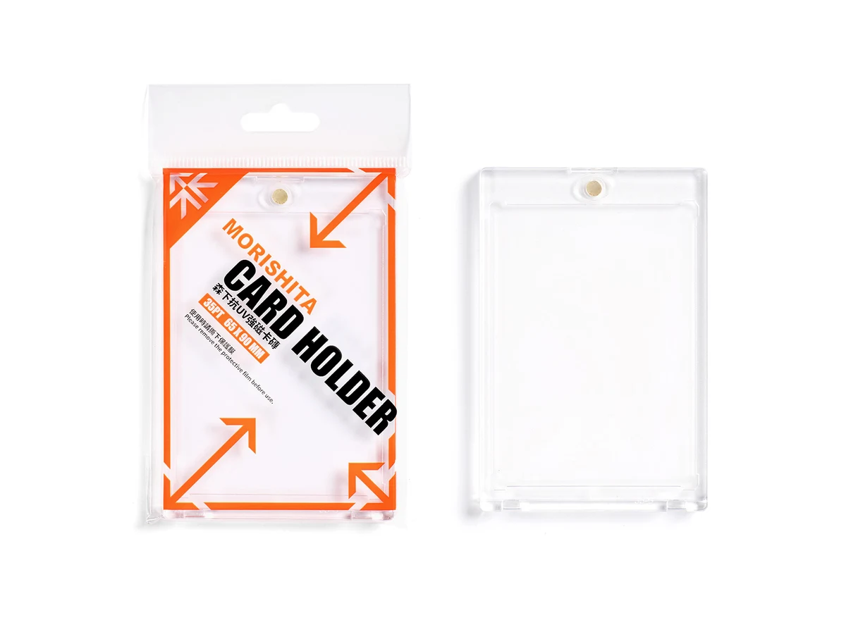 Morishita retail packaging and a clear card holder photographed side by side